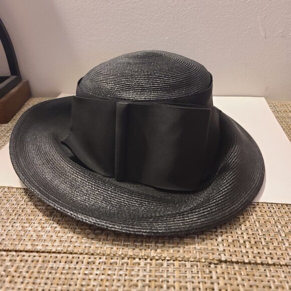 Vintage Original Roberta Bernays Black Straw Hat With Bow - Picture 2 of 4